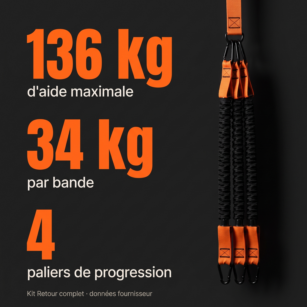 Jusqu'à 136 kg d'aide, 34 kg par bande, 4 paliers
