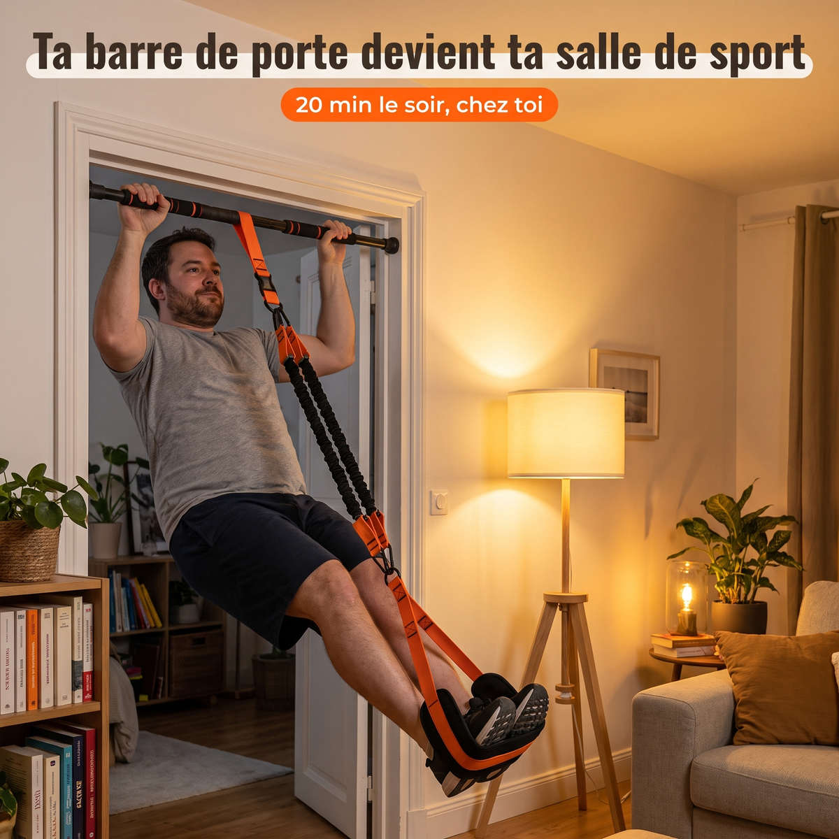 Traction assistée avec Aerobands sur une barre de porte, à la maison