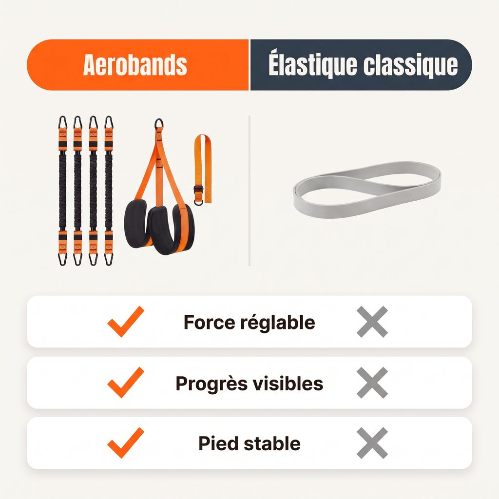 Aerobands contre élastique classique : force réglable, progrès visibles, pied stable